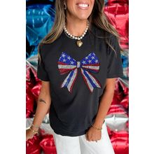 Black Rhinestone Stars and Stripes Bow Graphic Independence Day T Shirt