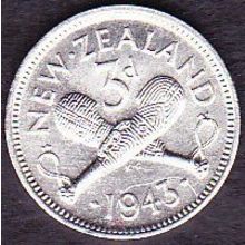 1943 New Zealand Threepence Silver Coin