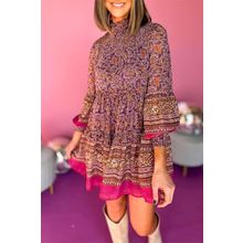 Purple Floral Smocked Puff Sleeve High Neck Mini Dress