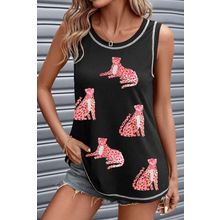 Black Sequin Cheetah Round Neck Stitching Loose Tank Top