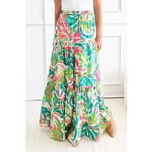 Green Abstract Printed High Waist Tiered Maxi Skirt