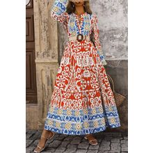 Orange Boho Geometric Printed Long Sleeve Maxi Dress