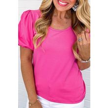 Strawberry Pink Casual Round Neck Bubble Sleeve T-shirt