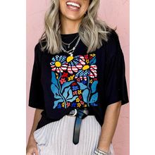 Black USA Flag Flower Graphic Drop Shoulder T Shirt