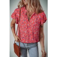 Red Floral Tie Split Neck Short Flounce Sleeve Crinkled Blouse
