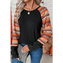 Orange Geo Print Raglan Patchwork Long Sleeve Tee