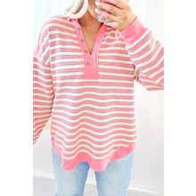 Pink Stripe Buttoned V Neck Collared Drop Shoulder Top