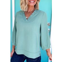 Moonlight Jade Frilled V Neckline Bracelet Sleeve Crinkled Blouse