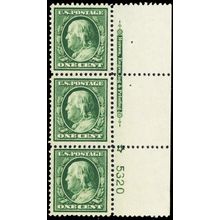 374, Mint NH VF-XF 1¢ PL# & Imprint Strip of 3 - Stuart Katz