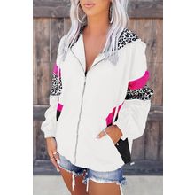 White Leopard Color Block Pockets Zip-up Hooded Jacket