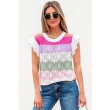 Rose Stripe Colorblock Hollowed Knit Scallop Edge Sweater Vest