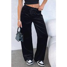 Black Solid Drawstring Waist Wide Leg Pants