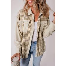 Parchment Houndstooth Corduroy Patchwork Flap Pocket Shacket