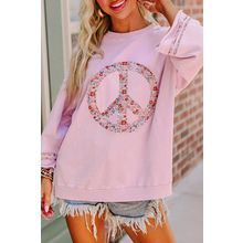 Light Pink Floral Peace Sign Graphic Drop Shoulder Wide Sleeve Casual Top