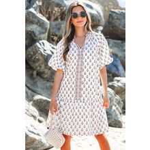 Pink Floral Print Bubble Sleeve Neck Tie Ruffled Dress