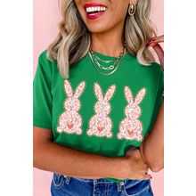 Bright Green Easter Floral Rabbit Print Crew Neck T Shirt