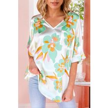 Green Floral Print Loose Fit V Neck Half Sleeve Blouse