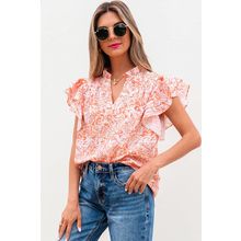 Orange Floral Ruffle Sleeve Split Neck Blouse
