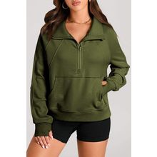 Moss Green Quarter Zip Stand Neck Kangaroo Pocket Sweatshirt