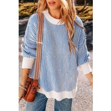 Dark Blue Striped Textured Knit Contrast Edge Loose Sweater