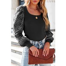 Black Flower Puff Sleeve Ribbed Knit Top