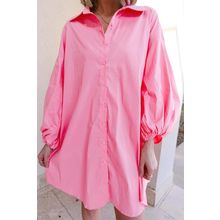 Bright Pink Balloon Sleeve Button Up Mini Shirt Dress