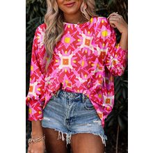 Strawberry Pink Geometric Print Shirred Cuff 3/4 Sleeve Loose Blouse