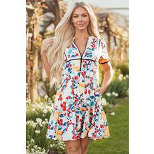 Green Floral Print Zipper Ruffled Short Sleeve High Waist Mini Dress