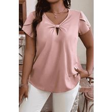 Pink Knotted Keyhole Front Petal Short Sleeve Plus Size Top