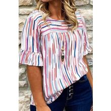 White Stripe Ruffled Short Sleeve Plus Size Blouse