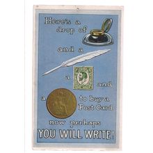 WRITE TO ME... HUMOUR used antique postcard, Photo-precision =