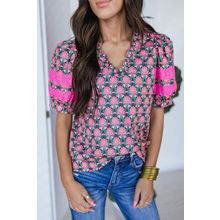 Sachet Pink V-Neck Ruffle Abstract Floral Print Puff Sleeve Top