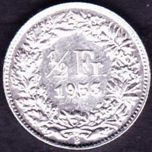 1953 B Switzerland 1 Half Franc Silver Coin