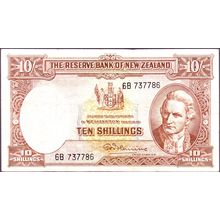 1956 - 67 New Zealand Banknote 10 Shillings Flemming 1J-9S with Sec thread