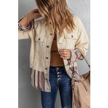 Button Up Pockets Striped Color Block Corduroy Jacket
