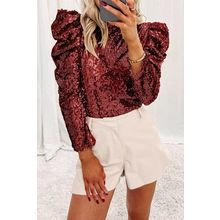 Burgundy Sequin Mock Neck Bubble Sleeve Top