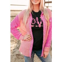 Apricot Pink Mineral Wash Sequin Patchwork Flap Pocket Shacket