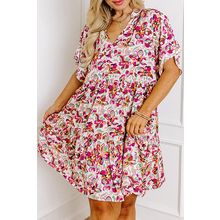 White Abstract Print V Neck Short Sleeve Ruffled Plus Size Mini Dress