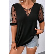 Black Floral Mesh Patchwork Loose V Neck Plus Size T Shirt
