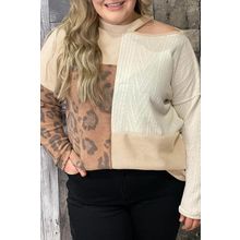 Multicolor Leopard Cable Knit Mix Patchwork Cutout Plus Top