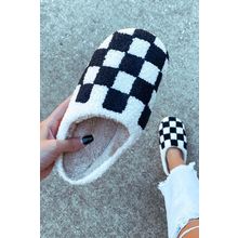 Black Checkered Print Fuzzy Slip On Winter Slippers