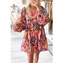 Pink Bohemian Square Neck Puff Sleeve Mini Dress