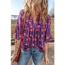 Purple Floral Half Sleeve Split Neck Blouse Top