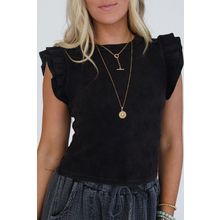 Black Ruffled Crew Neck Slim Fit Top
