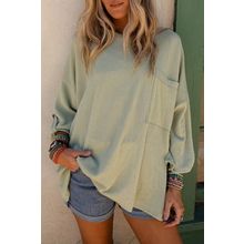 Green Ribbed Roll-tab Sleeve Chest Pocket Oversize Top