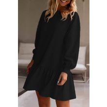 Black Solid Color Puff Sleeve Ruffle Hem Mini Dress