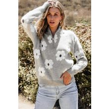 Gray Floral Pattern Half Zip Drop Shoulder Sweater