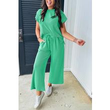 Bright Green Solid Corded Knit Short Sleeve T Shirt and Wide Leg Pants Set