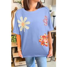 Sky Blue Flower Patched Exposed Stitching Trim Crew Neck Loose Tee