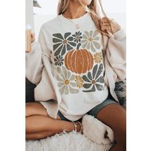 White Thanksgiving Pumpkin Print Loose Crewneck Tunic T Shirt